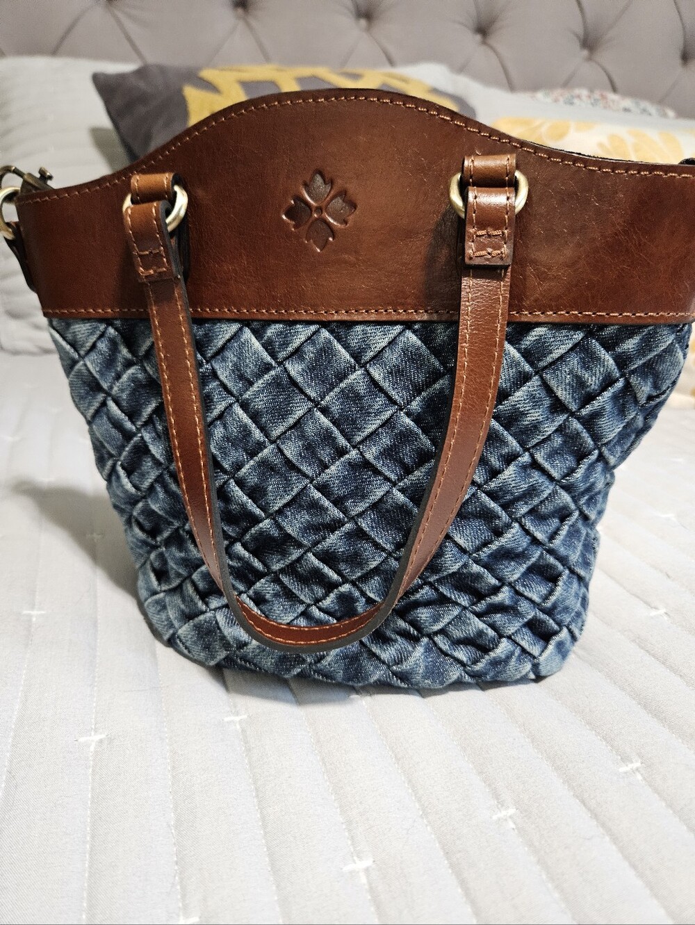 Patricia Nash Quilted Denim Top Handle Or Crossbody Bag - Blue & Brown Leather